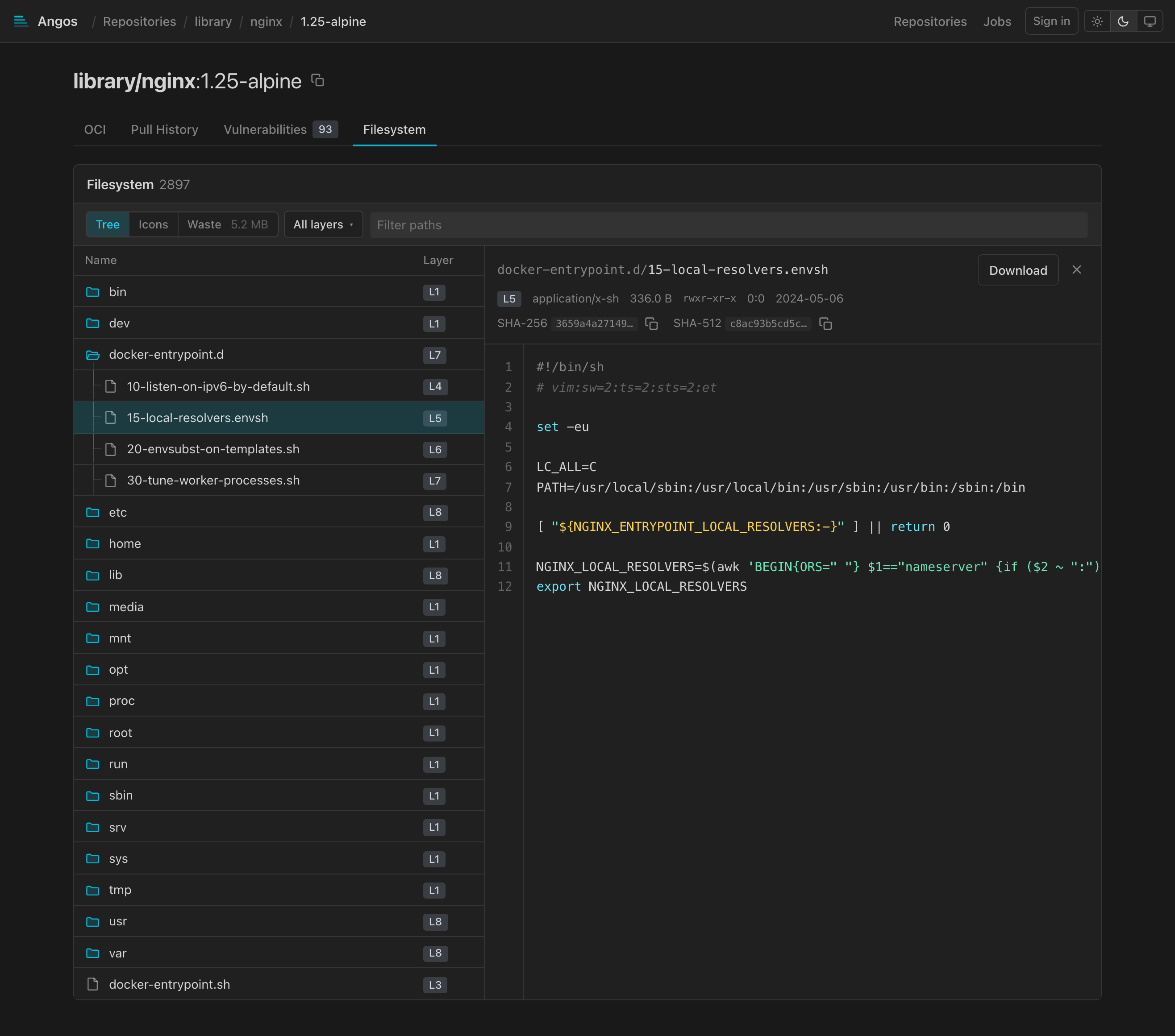 Filesystem tab, list view