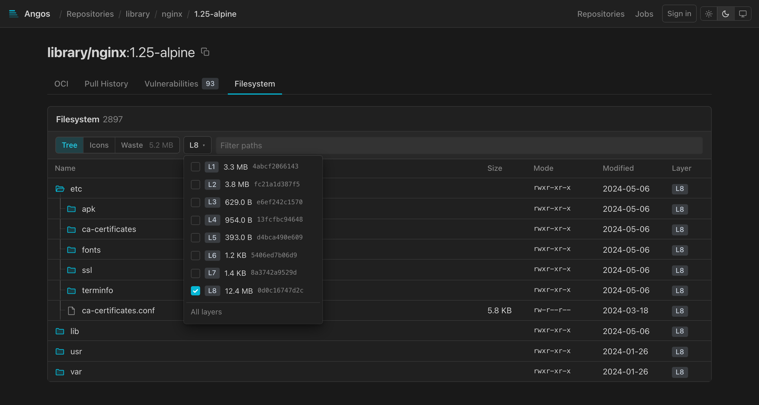 Filesystem tab, layers menu
