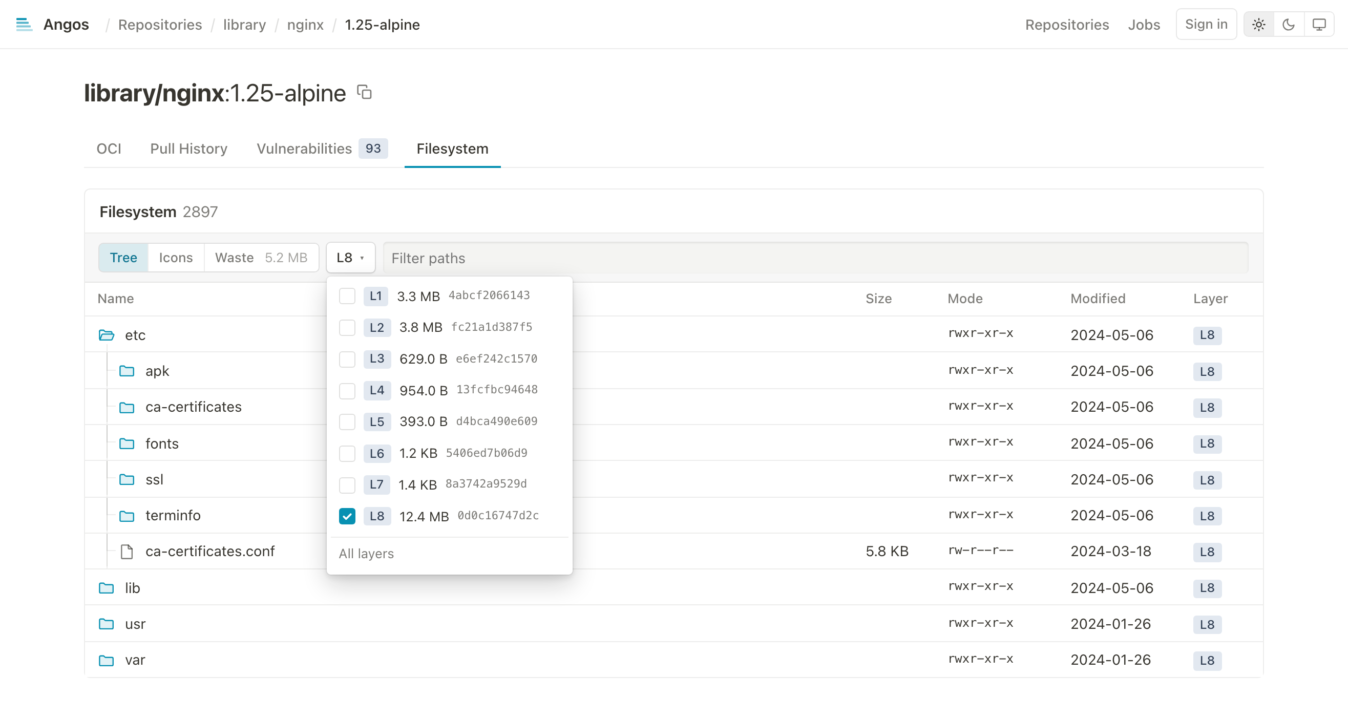 Filesystem tab, layers menu