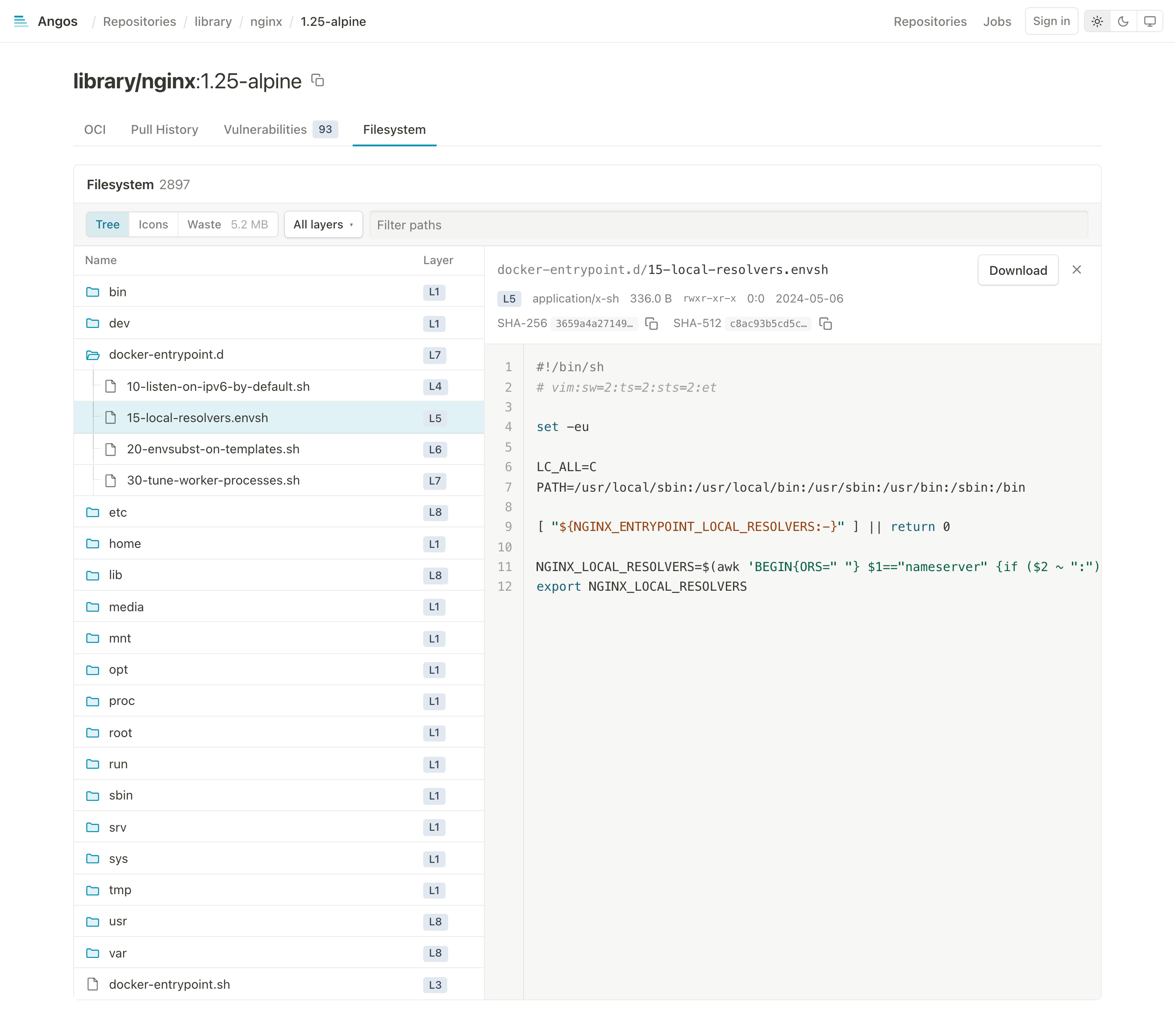 Filesystem tab, list view