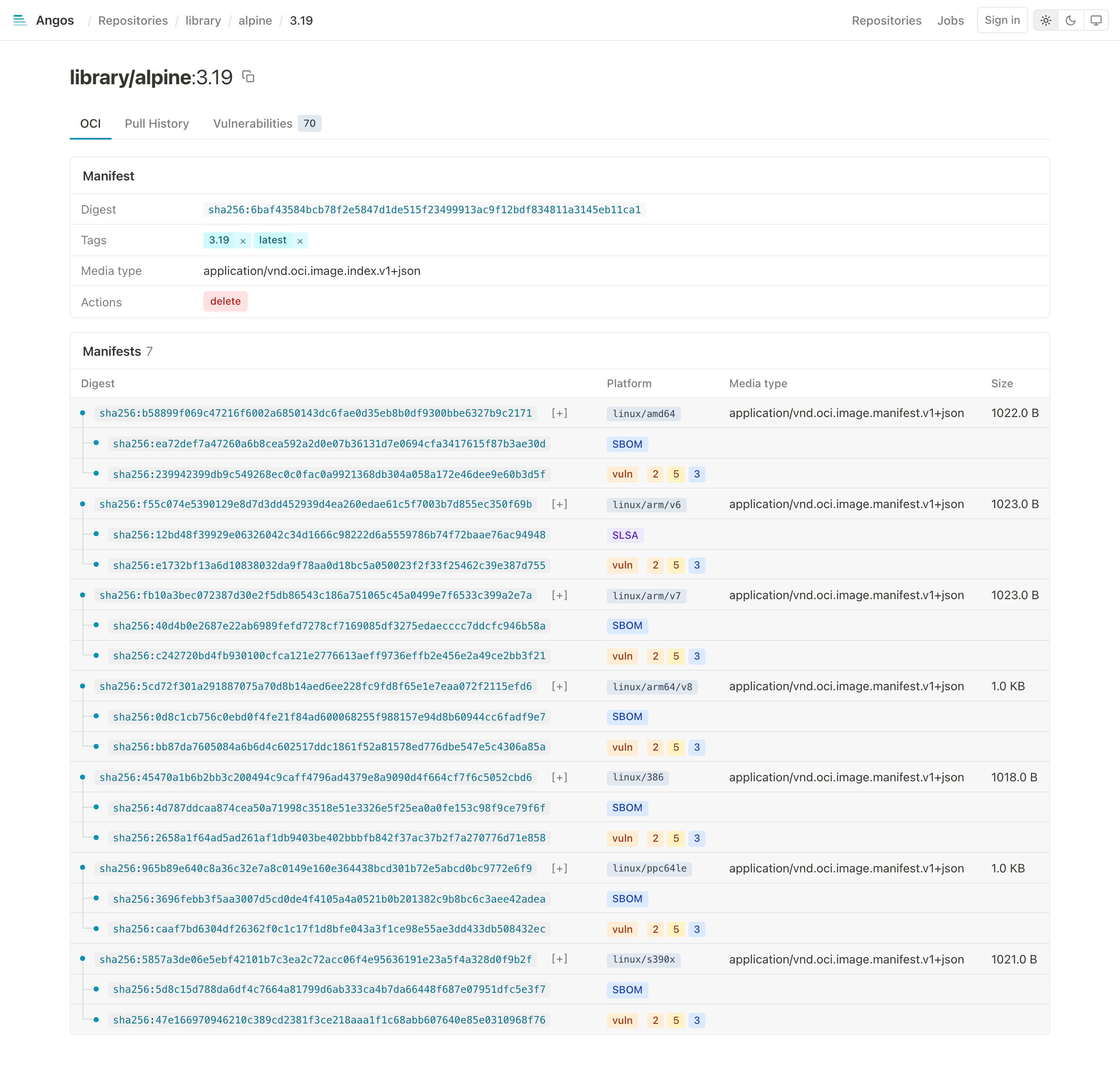 Manifest details for a multi-platform index