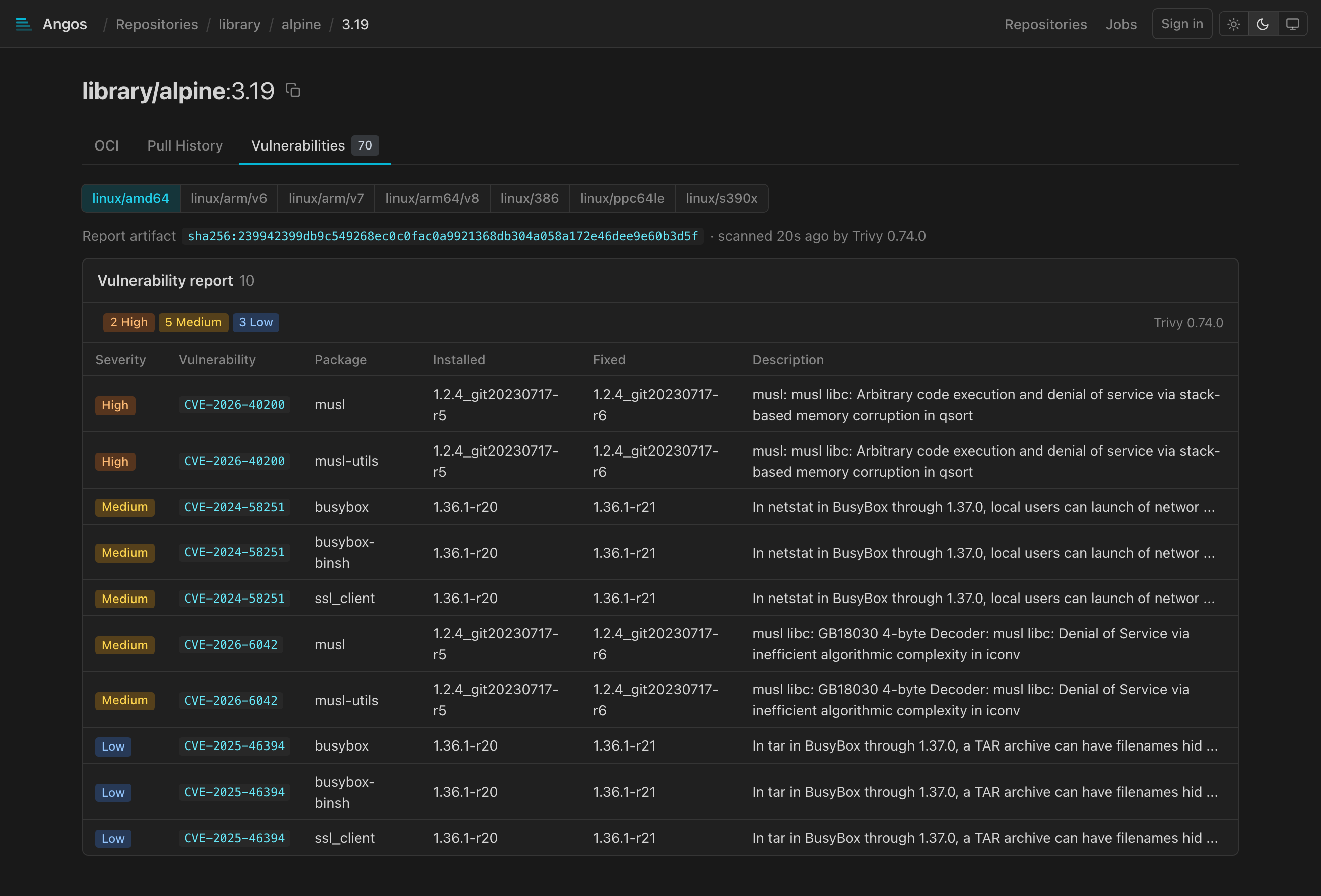 Vulnerabilities tab